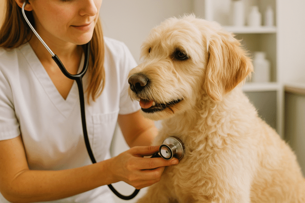 Dog Cough Remedies
Veterinarian examining a dog’s chest with a stethoscope to diagnose causes of coughing.
