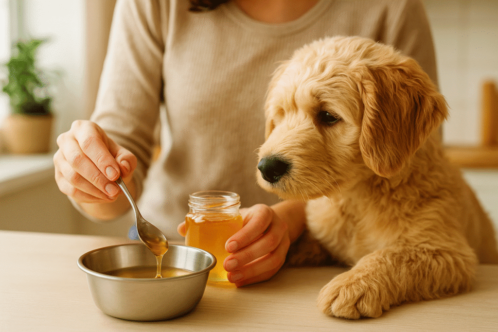 Dog Cough Remedies
Owner preparing honey and warm water mix for a dog as a natural cough remedy.