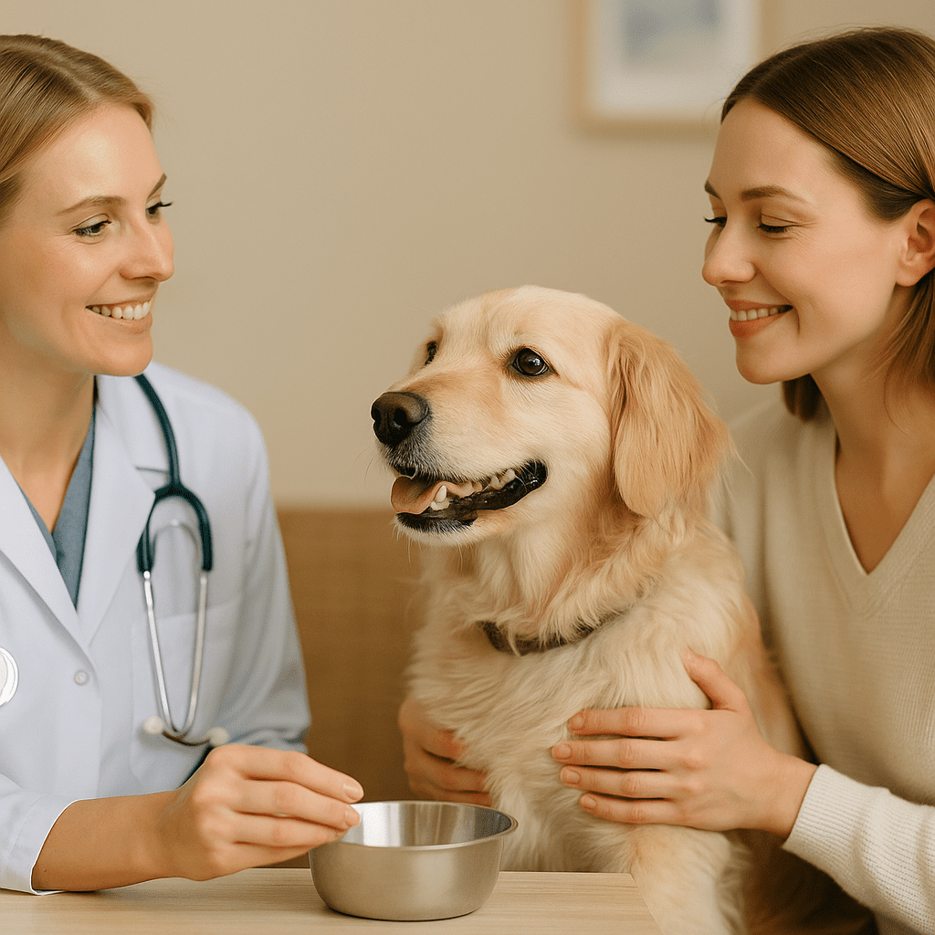 Dog Cough Remedies
Dog and owner talking to a veterinarian about preventing cough, symbolizing care and trust.