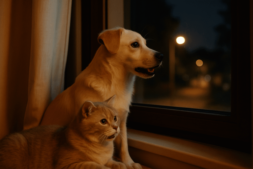 Stop Dog Barking at Night
Dog alert near window at night reacting to outside noises, showing cause of nighttime barking.