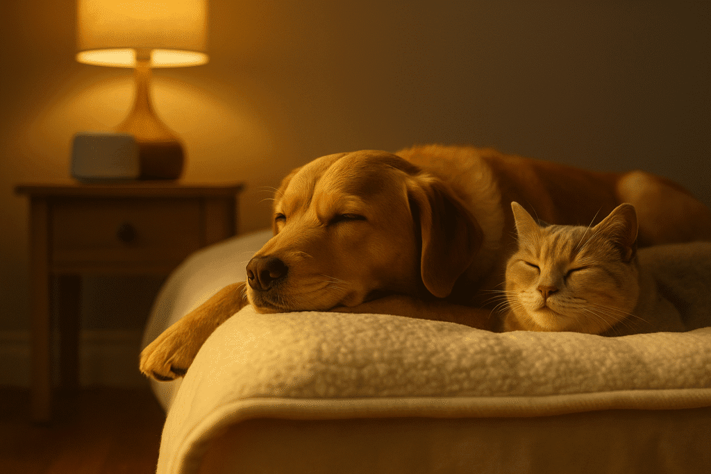Stop Dog Barking at Night
Dog sleeping peacefully on a cozy bed with soft lighting and white noise in the background.