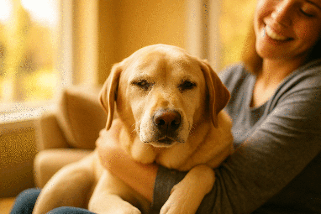 Blind Dog Rescue Story
Adopted blind dog resting happily with new family, representing love and a fresh start.