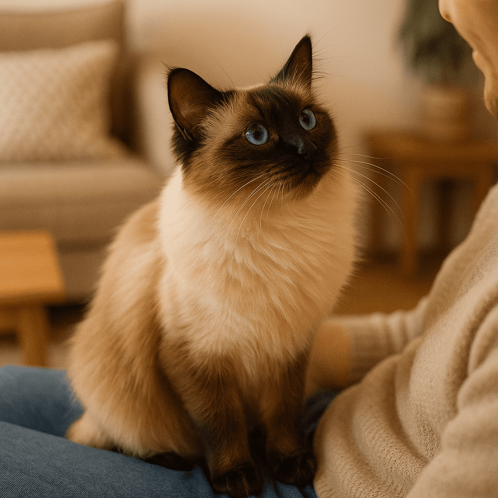 Balinese Cat Care Guide
Balinese cat sitting on owner’s lap in a cozy living room, showing affection and companionship.