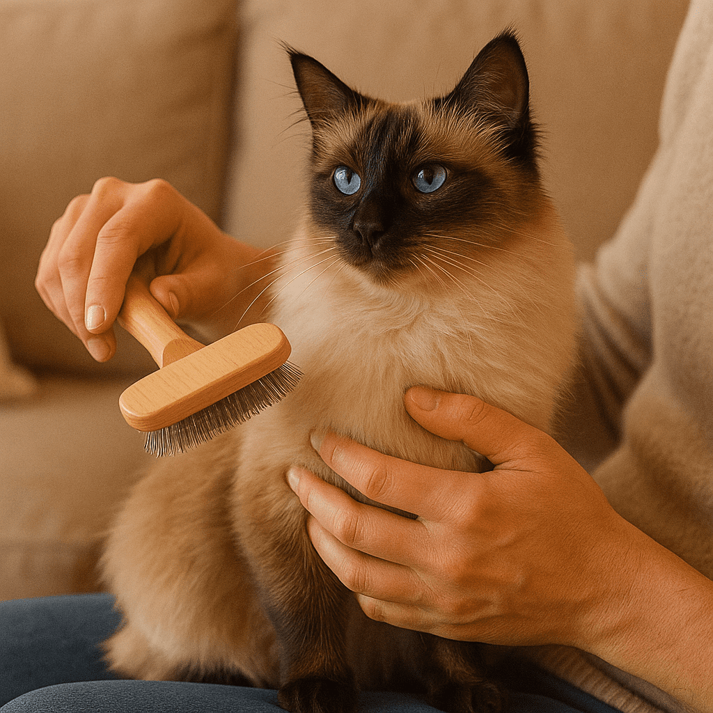 Balinese Cat Care Guide
Owner gently brushing a Balinese cat’s long silky fur, illustrating grooming and bonding time.