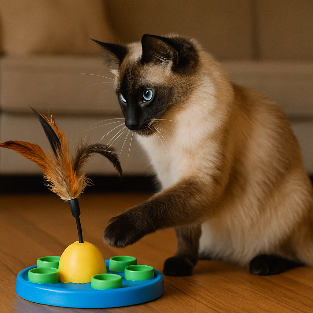 Balinese Cat Care Guide
Intelligent Balinese cat playing with an interactive toy, symbolizing curiosity and mental engagement.