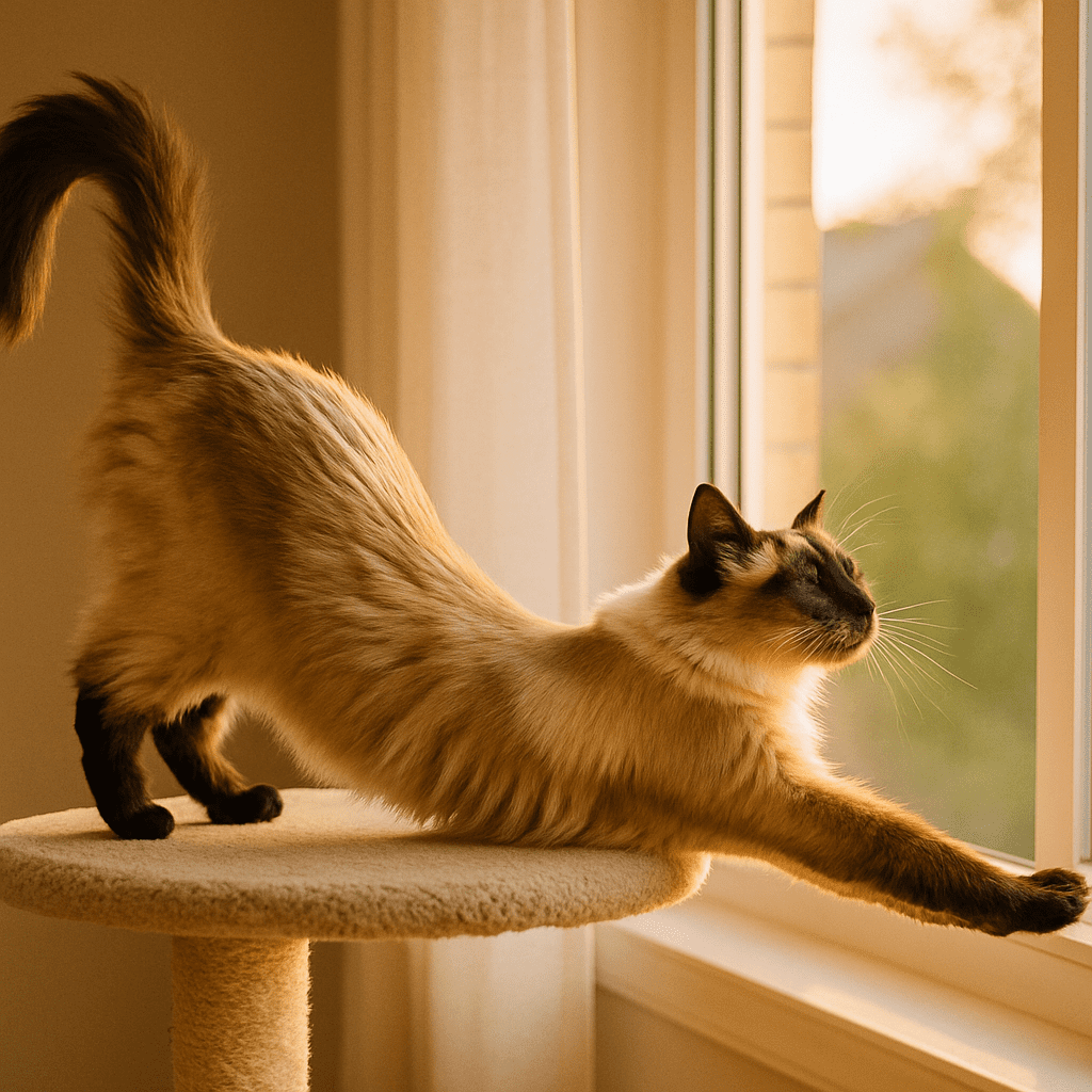 Balinese Cat Care Guide
Balinese cat stretching gracefully on a cat tower near a bright window, showing beauty and playfulness.