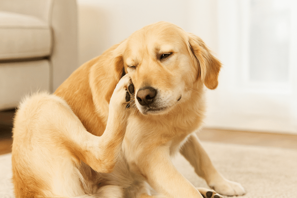 Dog Itchy Skin Remedies
Dog scratching its paw or rubbing its face, showing signs of itchy skin and discomfort.