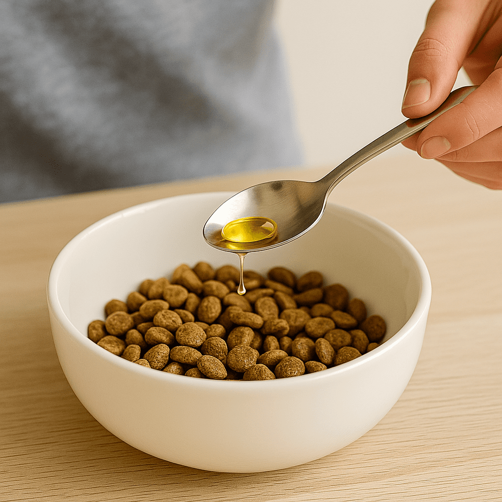 Dog Itchy Skin Remedies
Adding omega-3 fish oil supplement to a dog’s food bowl, illustrating diet and skin health care.
