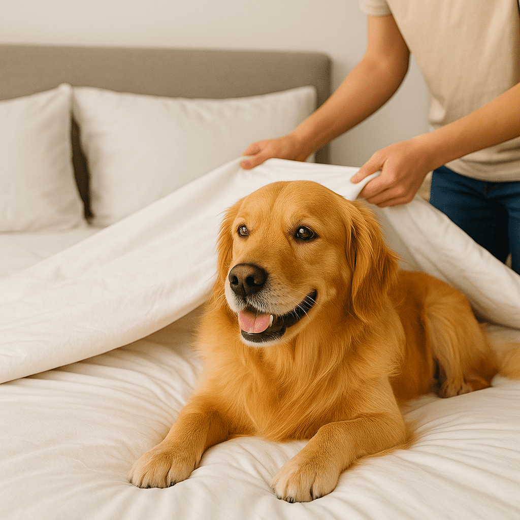 Dog Itchy Skin Remedies
Happy dog lying on freshly washed bedding, showing clean environment and allergy prevention.