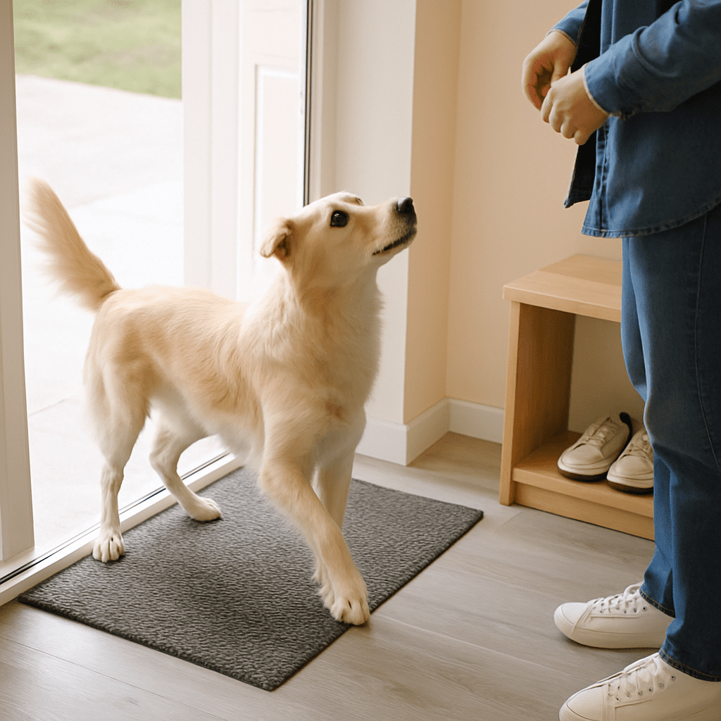 Stop Dog Jumping
Dog resisting the urge to jump as the owner returns home, illustrating common greeting triggers.