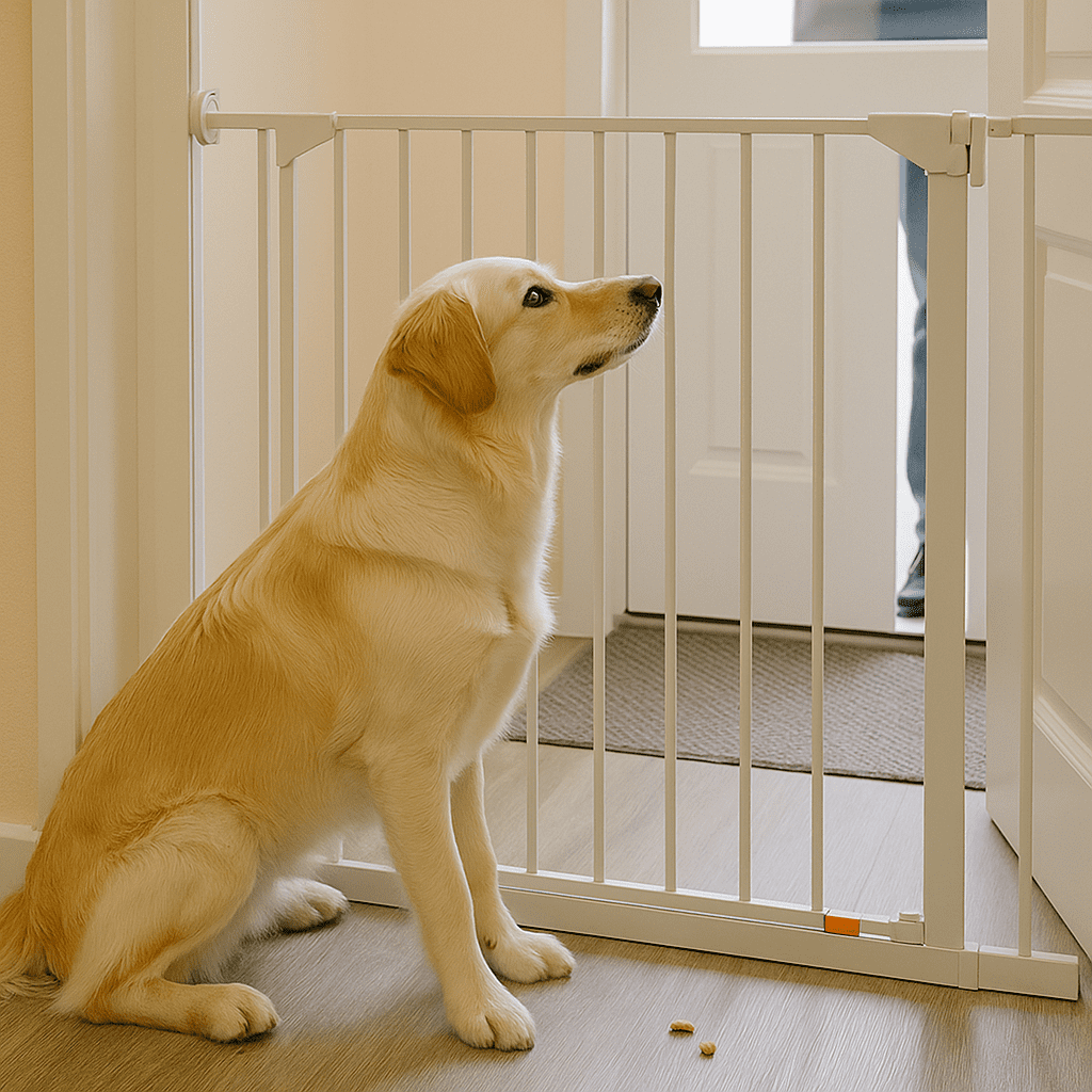 Stop Dog Jumping
Dog calmly sitting behind a baby gate at the entryway while a visitor waits, showing environment management.
