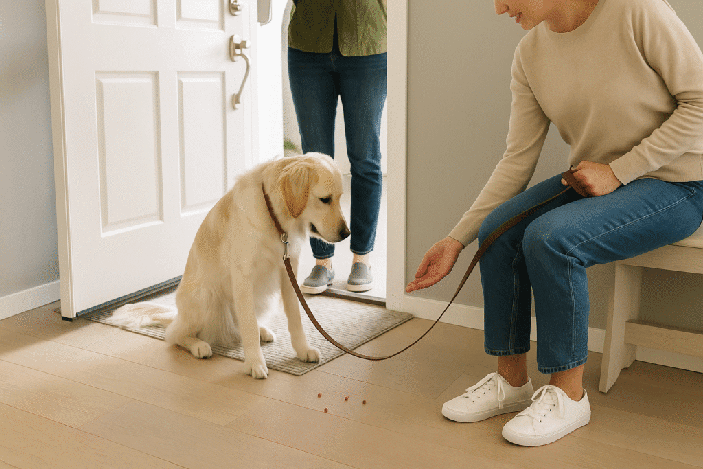Stop Dog Jumping
Visitor tossing treats to the floor during entry so the dog focuses down and stays calm.