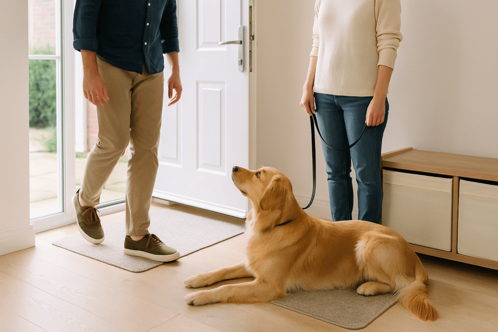 Stop Dog Jumping
Dog relaxing on a place mat near the door while a guest enters, demonstrating the “Go to Mat” cue.