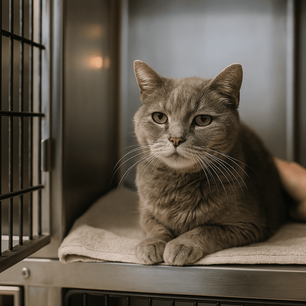 Rescued Senior Cat
Senior cat waiting quietly in a shelter suite, highlighting loneliness before adoption.