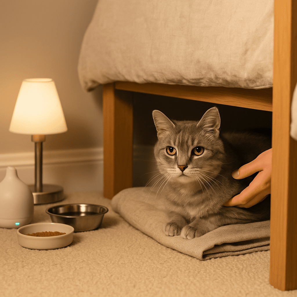 Rescued Senior Cat
Senior cat cautiously peeking from under the bed in a calm, prepared home setup.