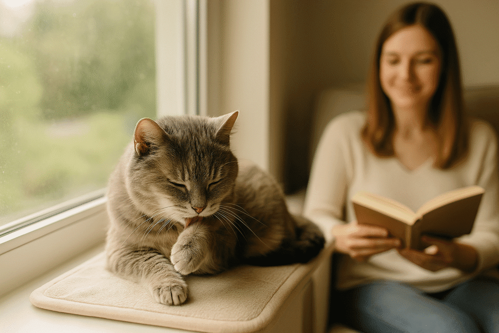 Rescued Senior Cat
Senior rescued cat basking on a window perch while her adopter reads nearby, showing healing and routine.