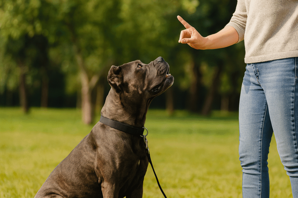 Cane Corso Care Guide
Owner training Cane Corso with positive reinforcement outdoors, demonstrating focus and consistency.