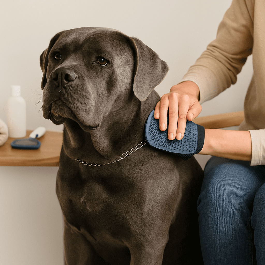 Cane Corso Care Guide
Cane Corso being gently brushed with a grooming glove, showing coat care and bonding time.