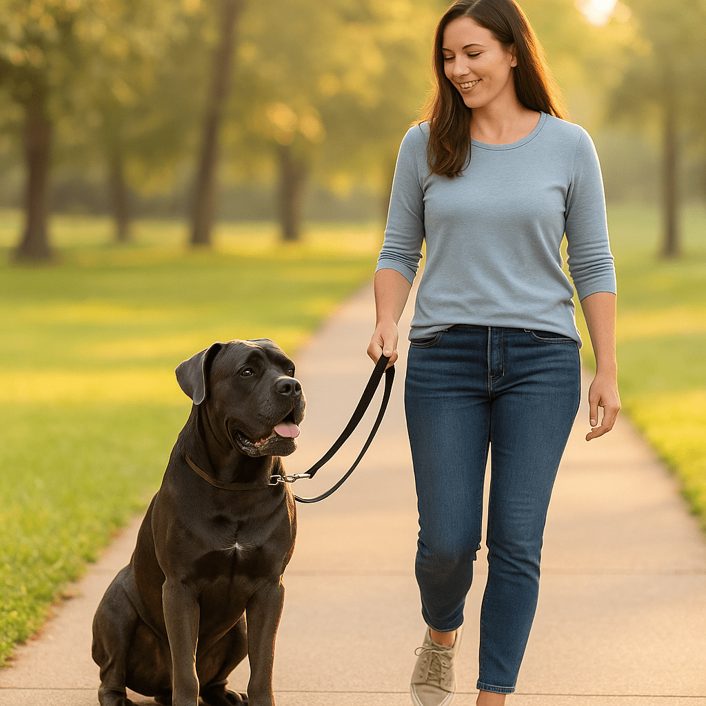 Cane Corso Care Guide
Cane Corso walking calmly beside owner on a morning walk, showing balanced energy and companionship.