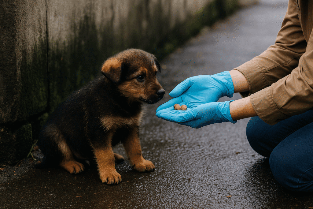 Stray Puppy Rescue
Volunteer offering food to a stray puppy to build trust during rescue.