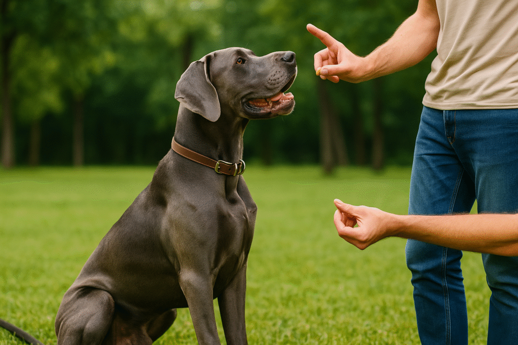 Great Dane Care Guide
Great Dane being trained with treats, showing obedience training.