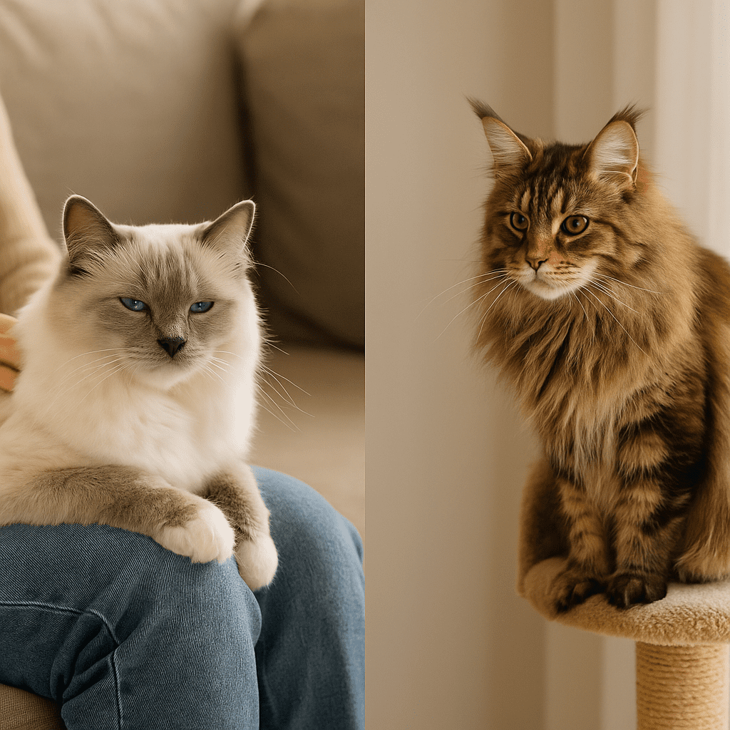 Ragdoll vs Maine Coon
Ragdoll relaxing on a lap vs Maine Coon perched on a cat tree, showing calm vs curious temperament.