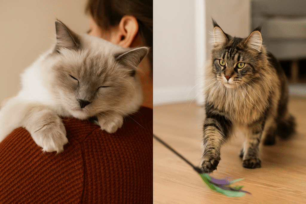 Ragdoll vs Maine Coon
Affectionate Ragdoll cuddling with owner vs playful Maine Coon chasing a feather toy.