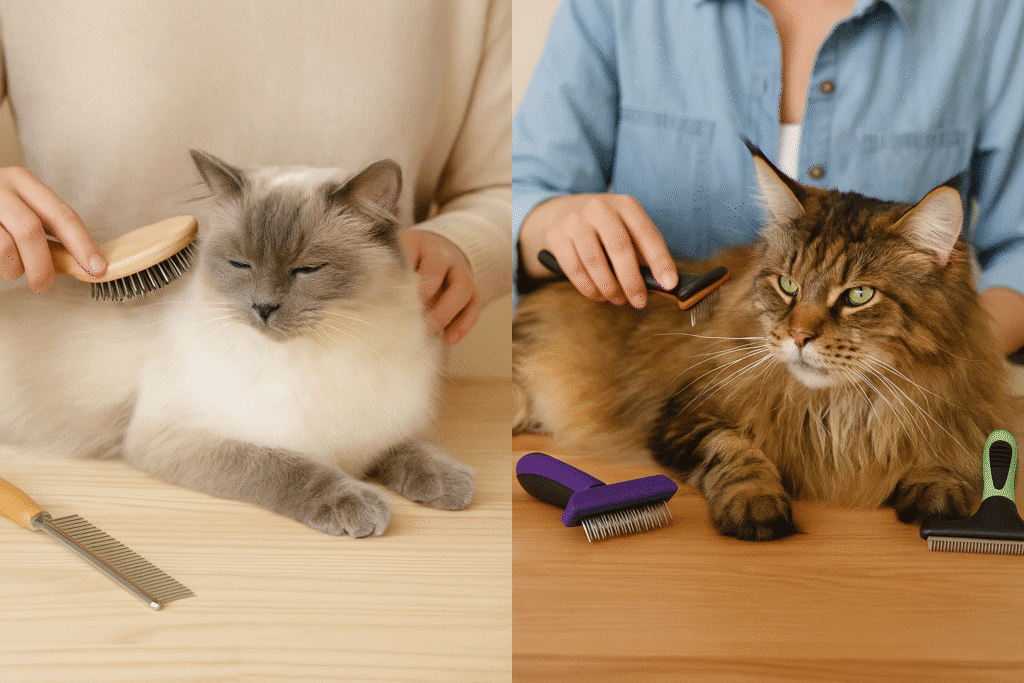 Ragdoll vs Maine Coon
Side-by-side grooming: light combing a silky Ragdoll coat and thorough brushing of a dense Maine Coon double coat.