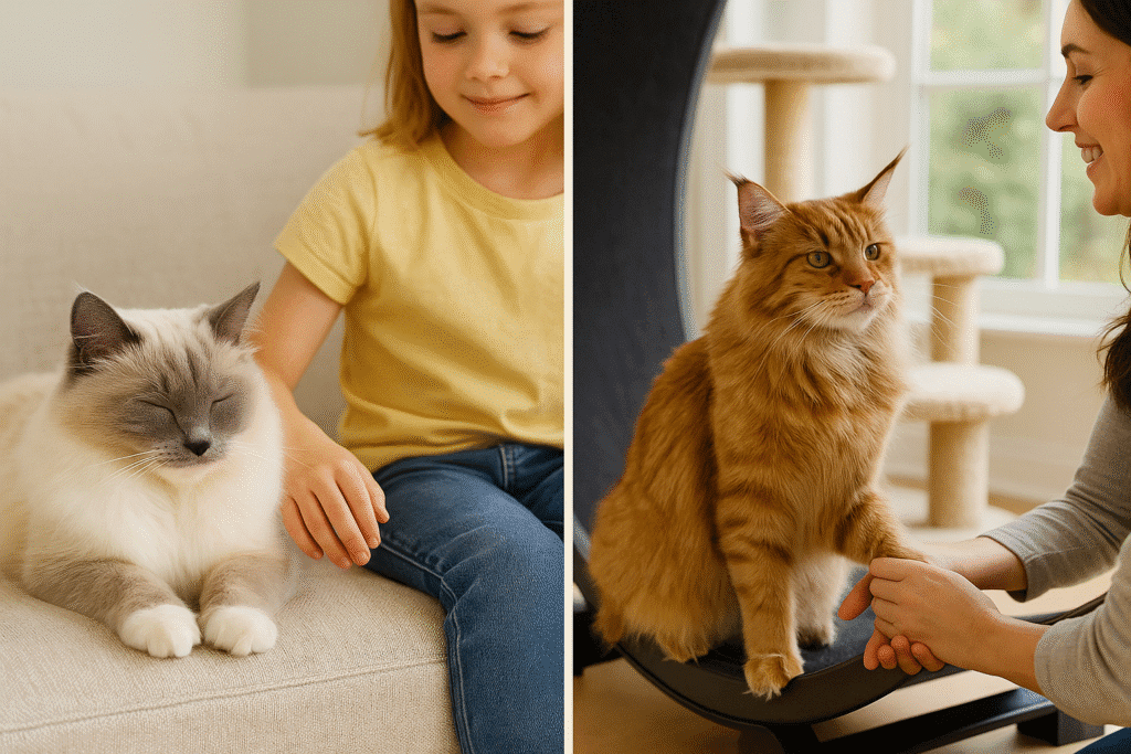 Ragdoll vs Maine Coon
Family scene with a calm Ragdoll relaxing beside a child and an active Maine Coon engaging on a cat wheel/tree.