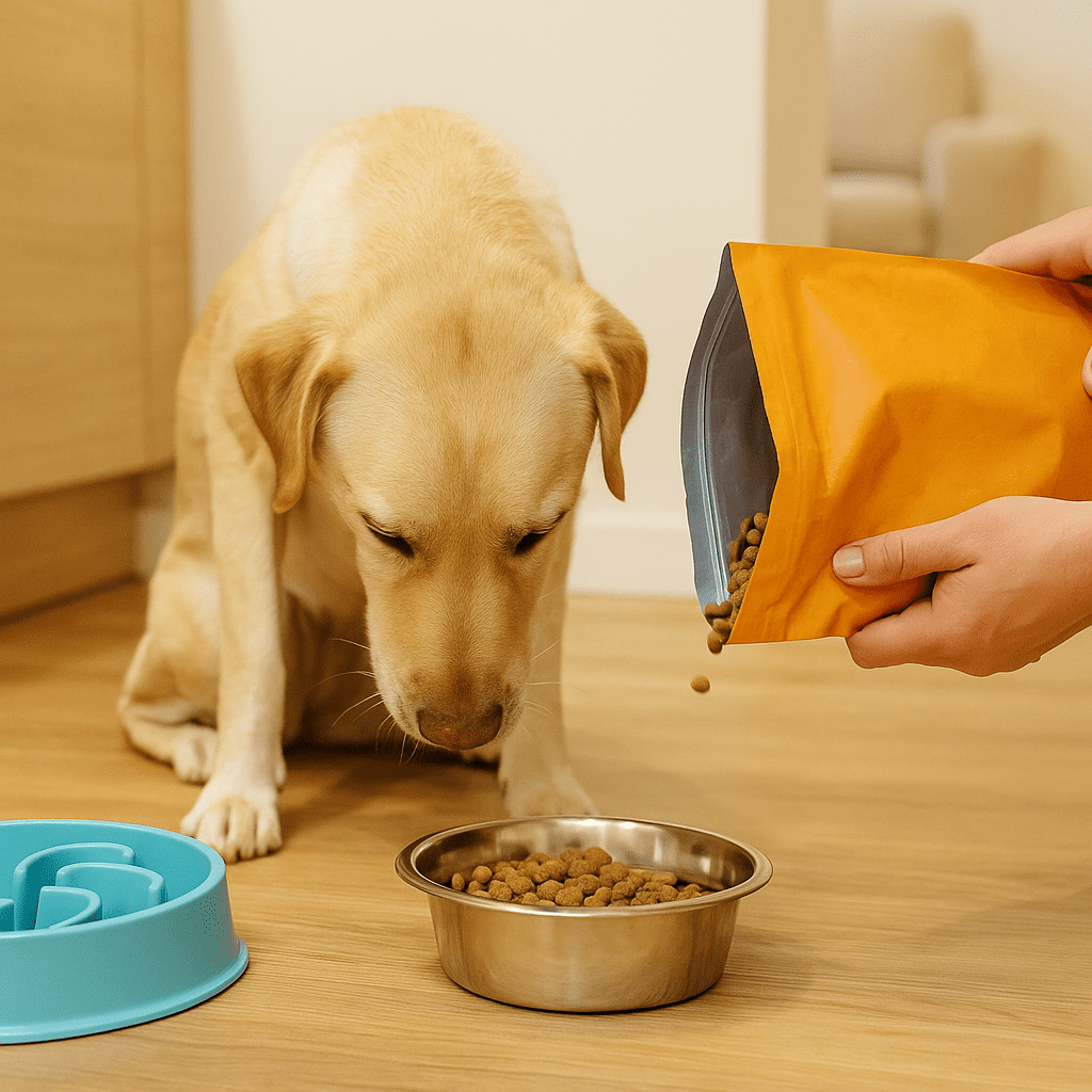 Dog Vomiting Remedies
Dog eating quickly from a bowl with a slow-feeder nearby, illustrating common cause of vomiting.