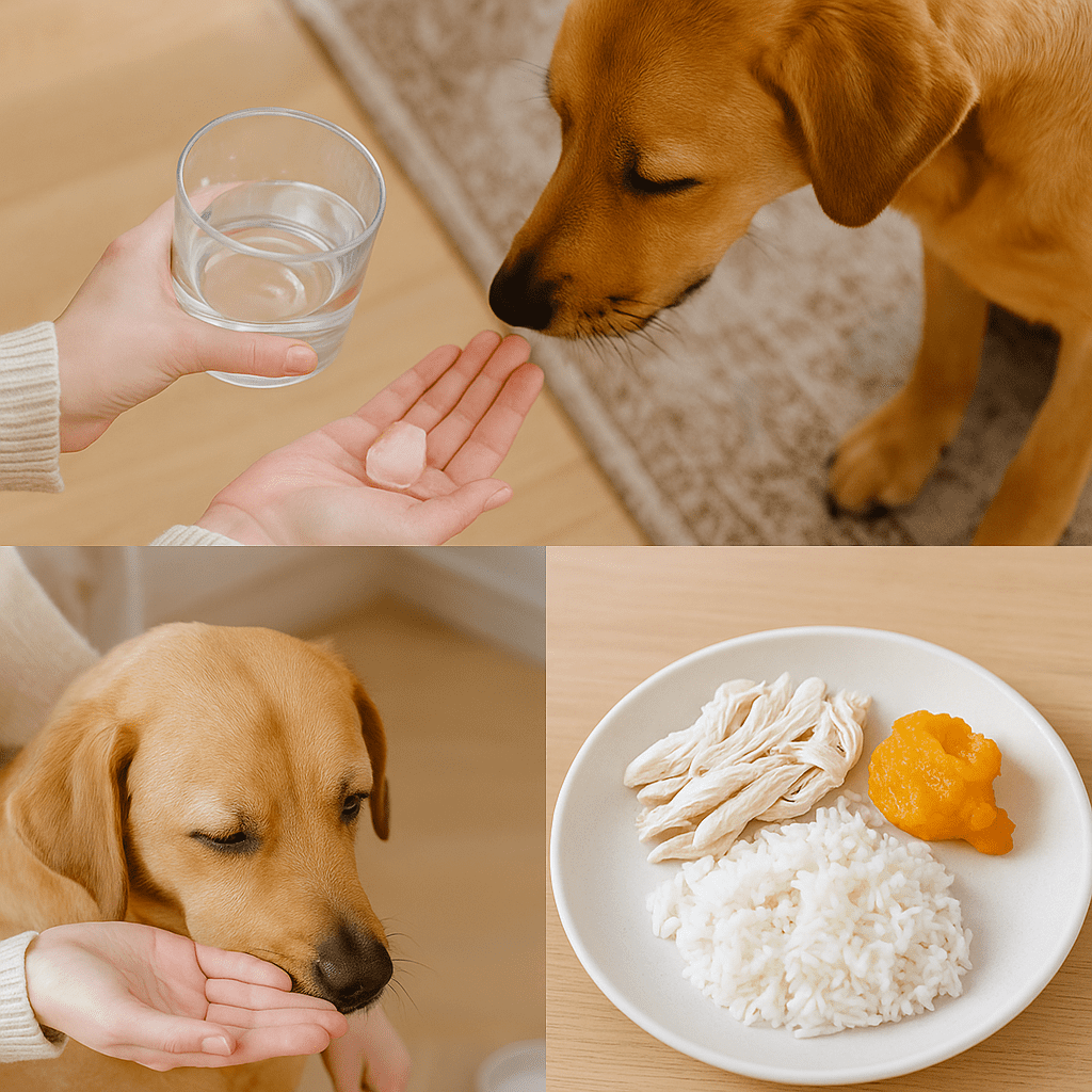 Dog Vomiting Remedies
Simple bland meal of boiled chicken, rice, and pumpkin puree for dogs recovering from vomiting.