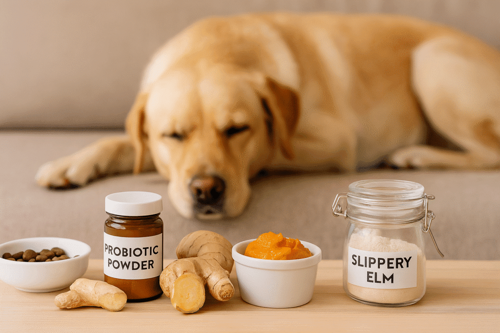 Dog Vomiting Remedies
Natural dog vomiting remedies with ginger, pumpkin, and probiotics displayed beside a relaxed dog.