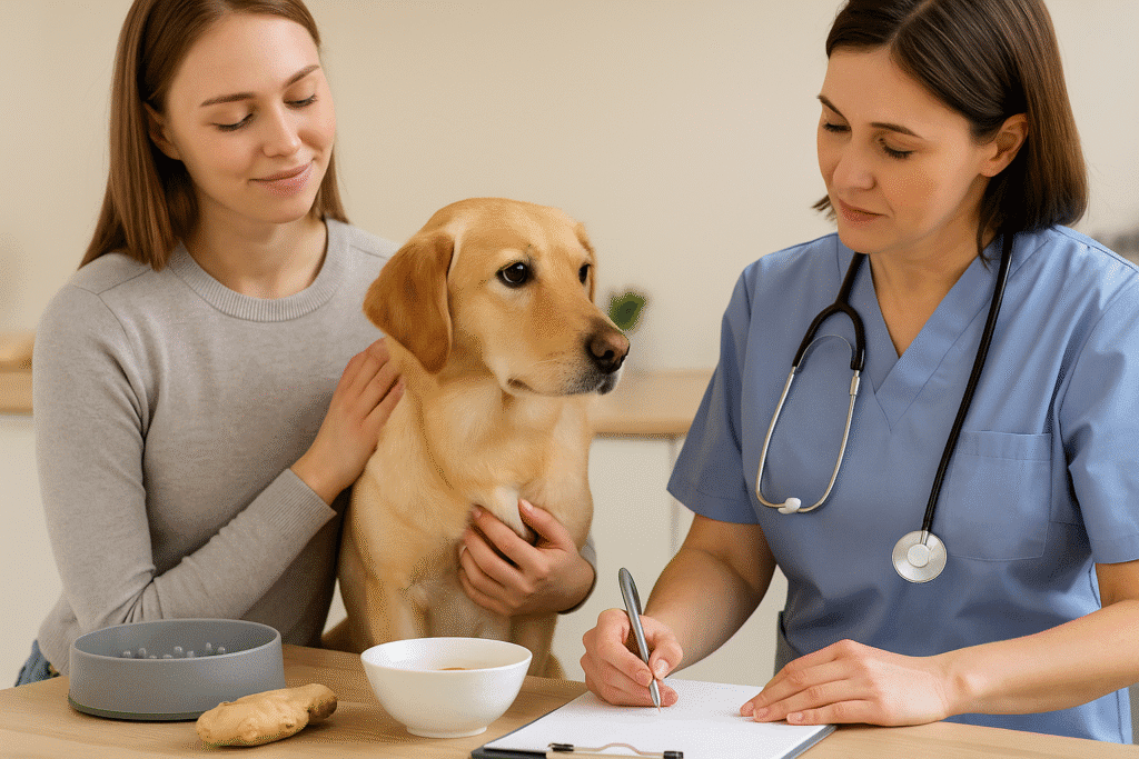 Dog Vomiting Remedies
Vet examining a calm dog with its owner, emphasizing professional care for chronic vomiting.