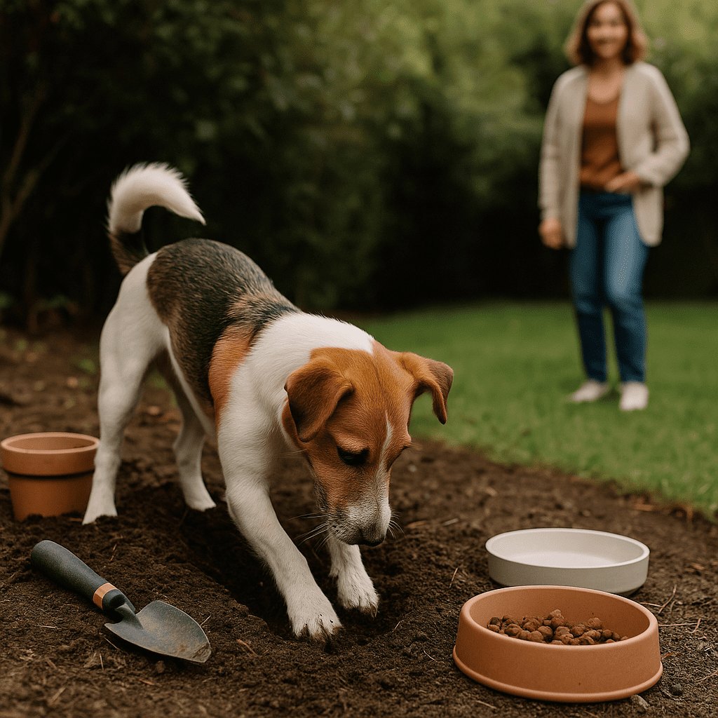 Stop Dog Digging
Terrier dog digging in the garden while owner observes calmly, illustrating natural digging instincts.