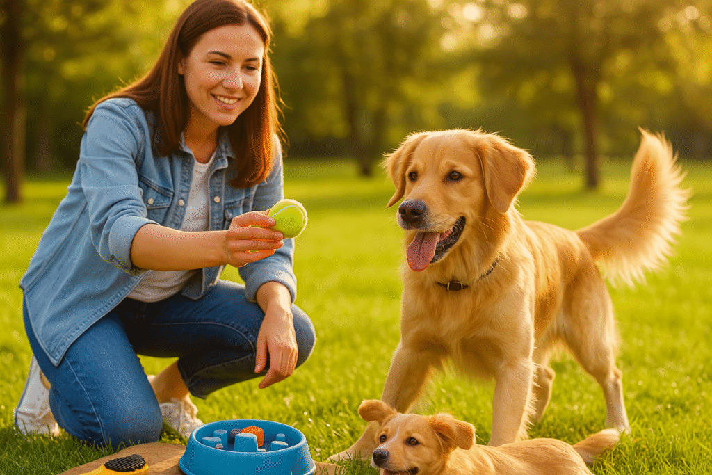 Stop Dog Digging
Dog playing fetch and using puzzle toys outdoors to prevent boredom-related digging.
