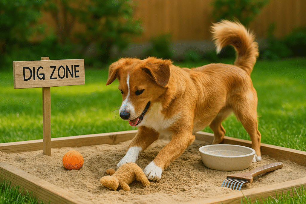 Stop Dog Digging
Happy dog digging in a sandbox “legal dig zone” with toys and treats, demonstrating redirected behavior.