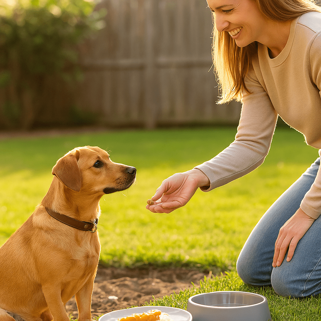 Stop Dog Digging
Calm dog receiving treats from owner for not digging, reinforcing positive behavior.