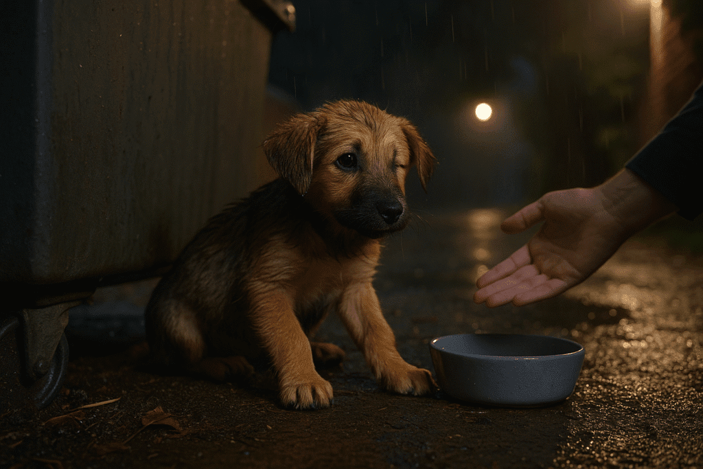 Rescued Puppy
Rescuers approaching a frightened one-eyed puppy hiding near a dumpster, symbolizing the start of rescue.