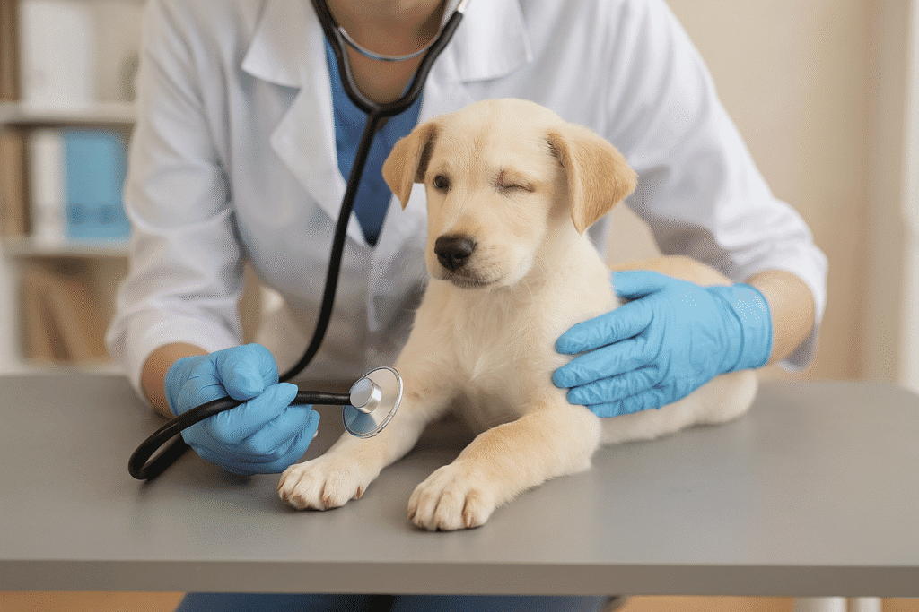 Rescued Puppy
Vet gently examining a one-eyed puppy during recovery, showing medical care and hope.