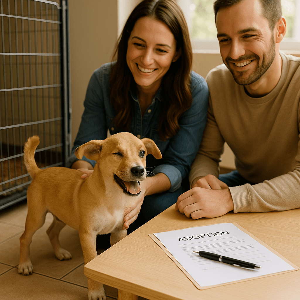 Rescued Puppy
One-eyed rescue puppy joyfully meeting adoptive couple at shelter, symbolizing new family and hope.
