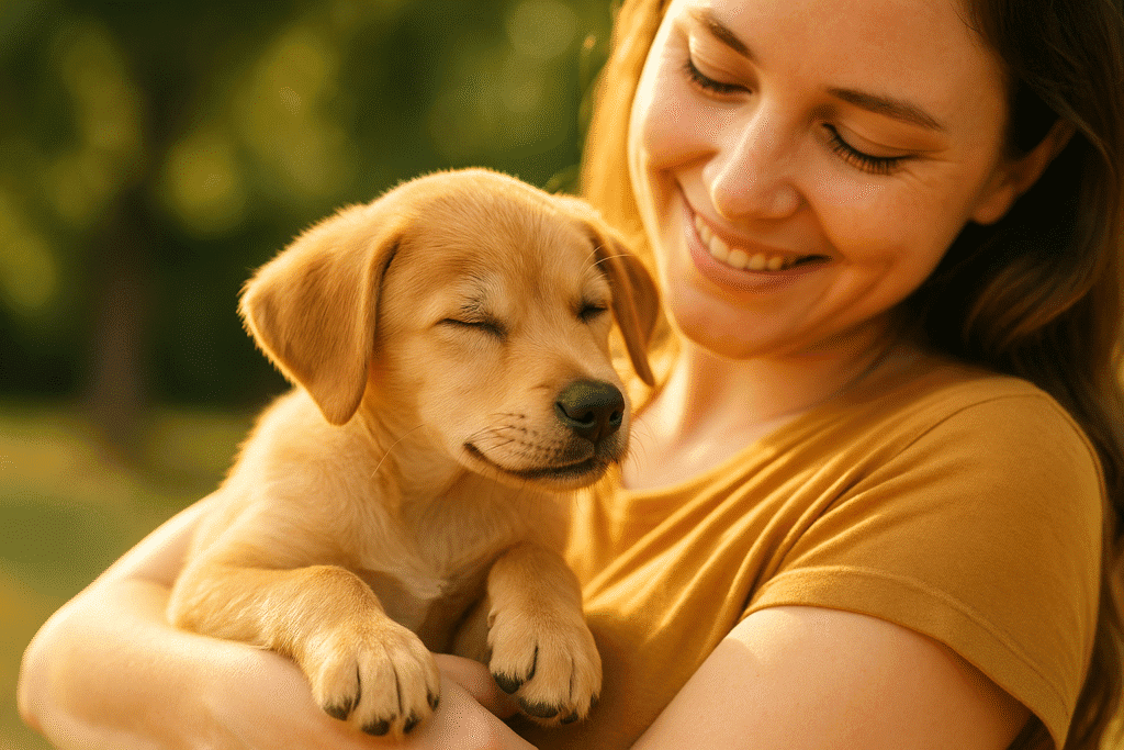 Rescued Puppy
Happy one-eyed dog resting with adoptive family at home, showing healing and unconditional love.