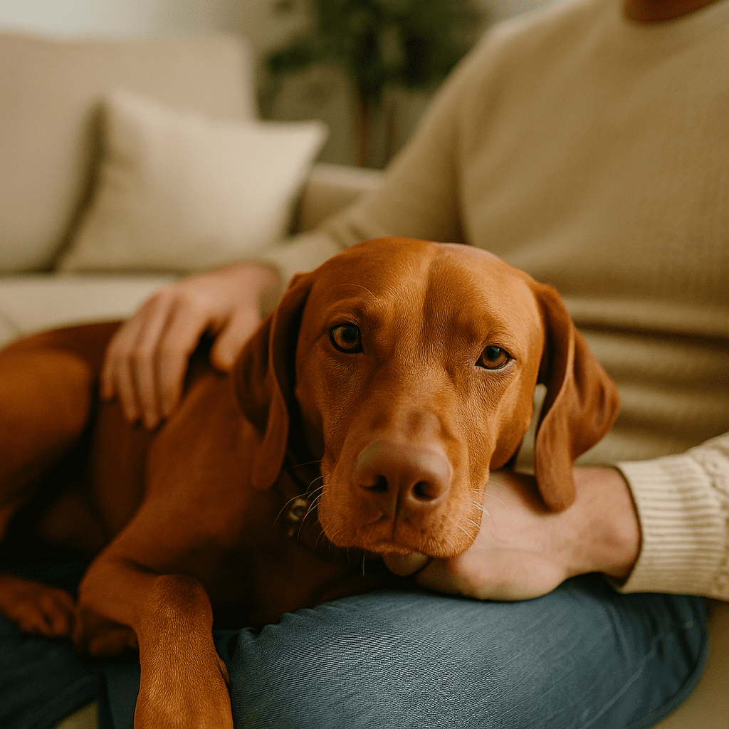 Vizsla Care Guide
Vizsla resting head on owner’s lap at home, illustrating affectionate “Velcro dog” personality.