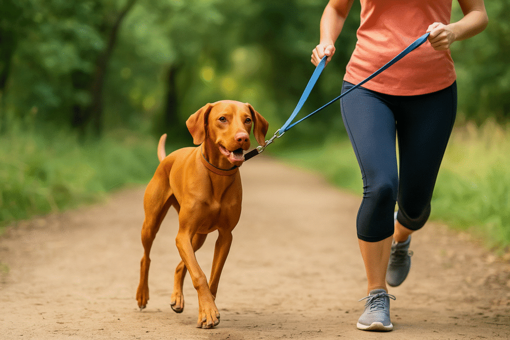 Vizsla Care Guide
Vizsla jogging alongside owner on a trail, highlighting daily exercise needs and bonding.