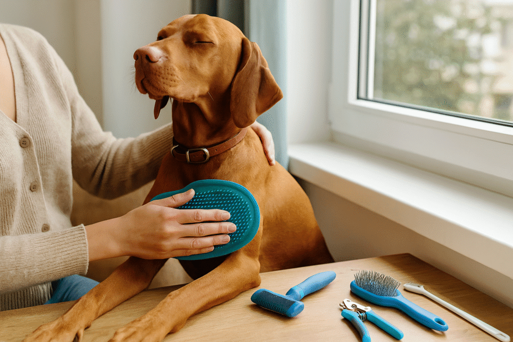 Vizsla Care Guide
Owner brushing a Vizsla with a rubber grooming mitt near a window, showing low-maintenance coat care.

