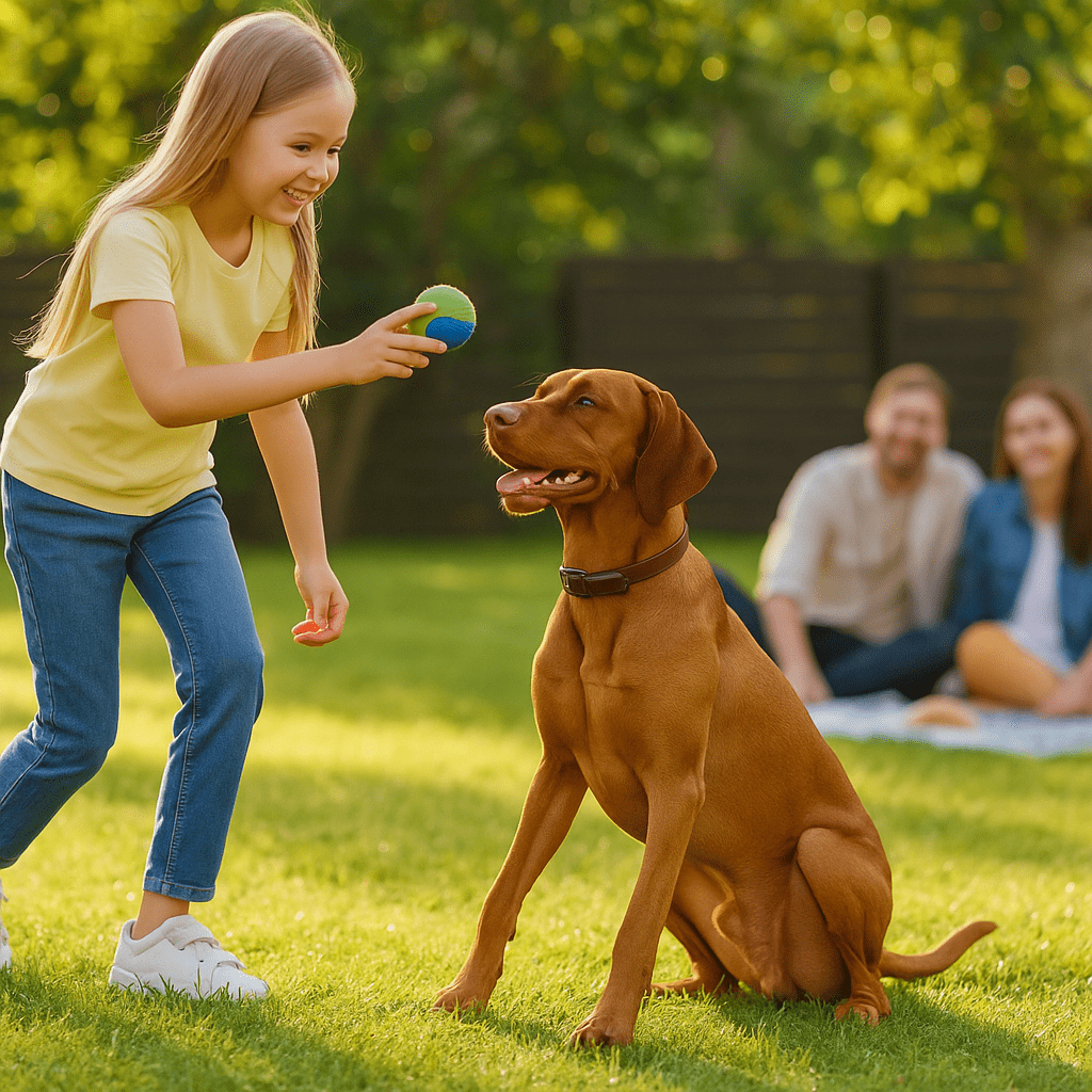 Vizsla Care Guide
Family playing fetch with a Vizsla in the yard, emphasizing friendly, family-oriented temperament.