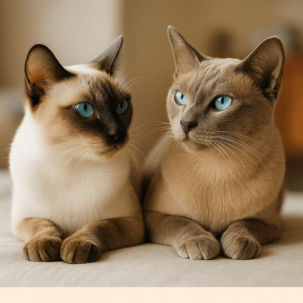 Tonkinese Cat
Two Tonkinese cats of different coat shades sitting together, symbolizing Siamese and Burmese heritage.