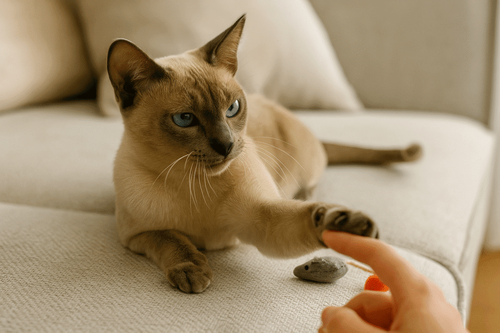 Tonkinese Cat
Playful Tonkinese cat reaching for its owner’s hand, illustrating the breed’s affectionate and interactive nature.
