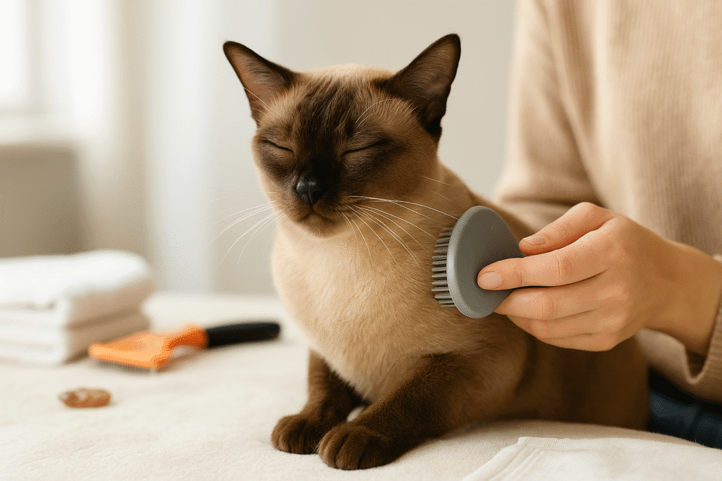 Tonkinese Cat
Owner gently brushing a Tonkinese cat with a soft brush, highlighting low-maintenance grooming needs.