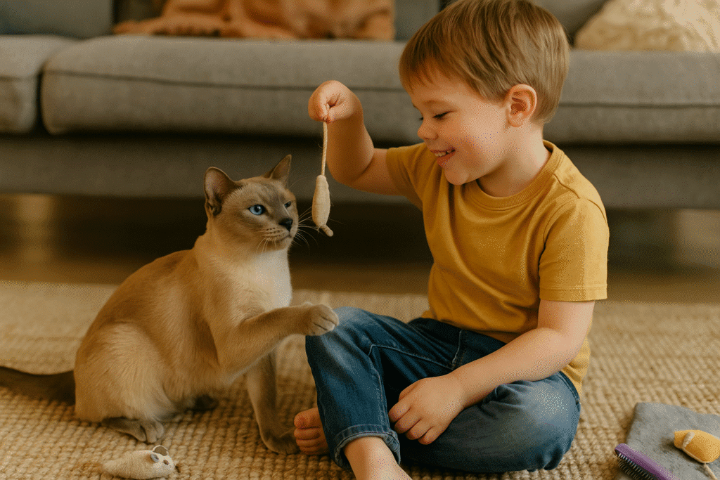 Tonkinese Cat
Tonkinese cat playing gently with a child in a cozy living room, showing friendly, family-oriented temperament.