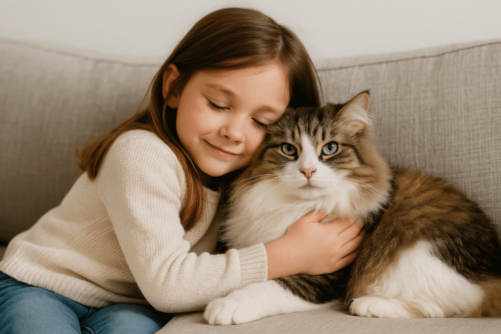 Ragamuffin Cat cuddling with child, showing affectionate and gentle personality.